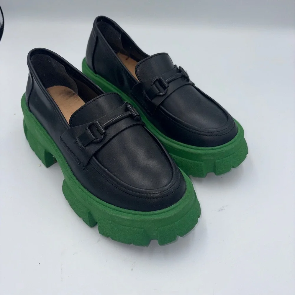 Steve Madden Trifecta Black Leather Green Chunky Platform Lug Loafers 6.5M